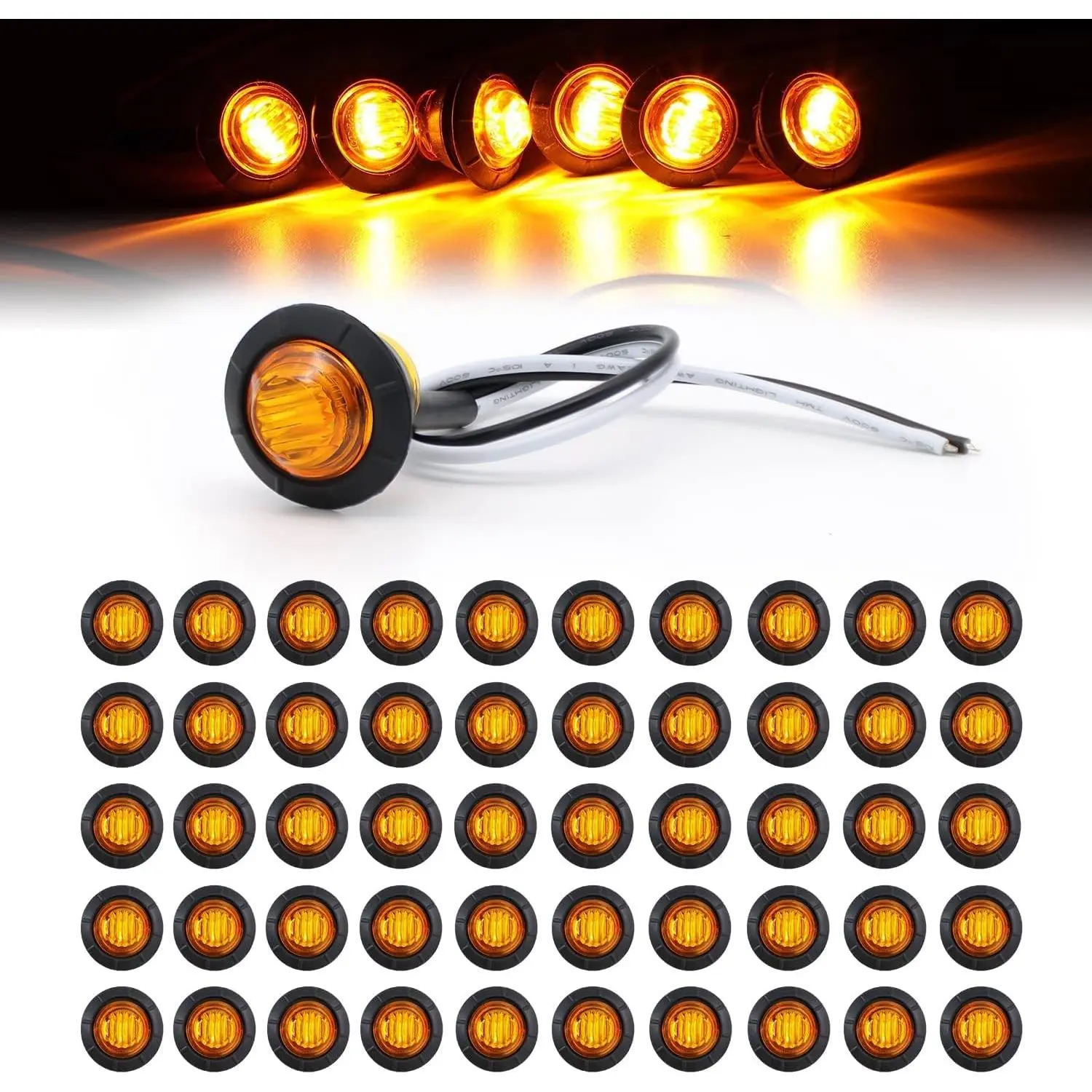 50 Pcs 3/4 Inch Amber 3 LED Marker Lights – Waterproof Sealed 12V DC Mini Round Clearance Lamps for Trailer Truck Boat RV