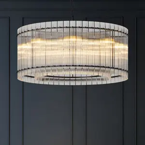 37" Modern Black Round Chandelier,2-Tier 8-Light Water Ripple Crystal Glass Chandeliers,for Dining Room,Living Room,Bedroom,High Ceiling,Foyer Entryway,Luxury Chandelier