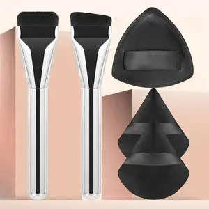 Foundation Brush with Triangular Air Cushion Powder Puff & Fan Powder Puff - Minimalist Makeup Tool Set, Flawless Blending Beauty Kit