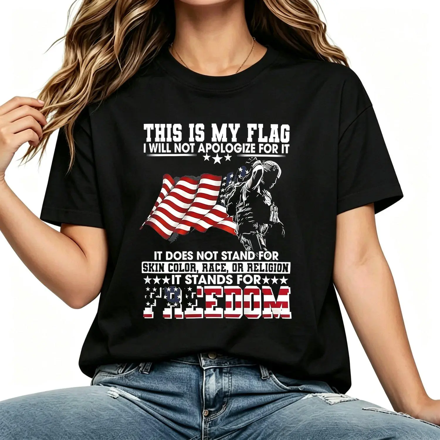 Patriotic American Flag Soldier Graphic T Shirt with Slogans Heavyweight Crew Neck Casual Military Day Short Sleeve Tee Women Classic