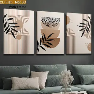 2D Flat Neutral Tone Modern Wall Art Bohemian Gallery 3-Piece Set, 1950s Modern Print, Neutral Bohemian Brown Geometric Black Leaf Canvas Painting, Wooden Frame, Halloween, 2D Flat