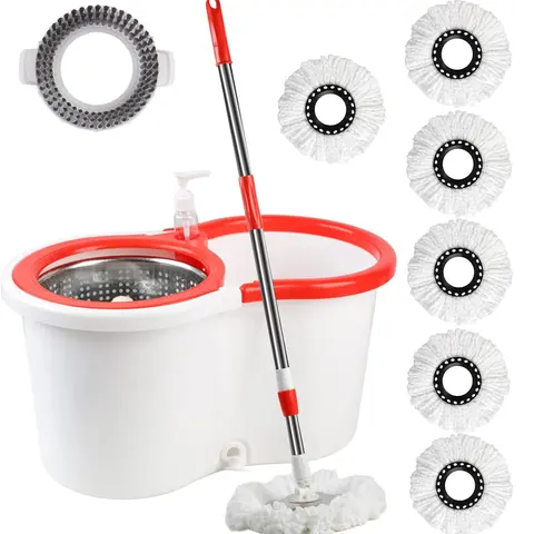 360° Spin Mop & Bucket System Set - Flat Mop, Replacement Brush, 6 Microfiber Refills for Efficient Household Cleaning - Mother's Day Gift, Mop And Bucket Set, Bucket System Mops