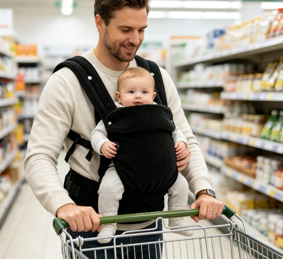 Ergonomic black corduroy baby carrier, lightweight & hands-free design. Fits infants & toddlers 7–44 lbs (3–20kg). Great for outdoor strolls, travel trips, ideal baby shower gift for new parents.
