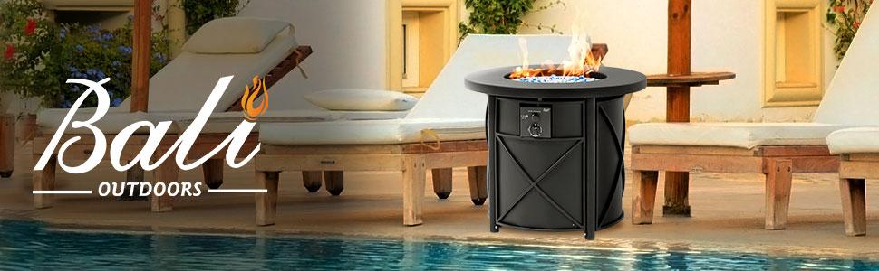 BALI OUTDOORS 28''-42'' Gas Fire Pit Table – 50,000 BTU Propane Fire Column with Blue Glass Stones for Patio & Garden