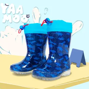 Kids Drawstring Rain Boots, Waterproof Non-Slip Blue Dinosaur Rain Shoes for Boys and Girls