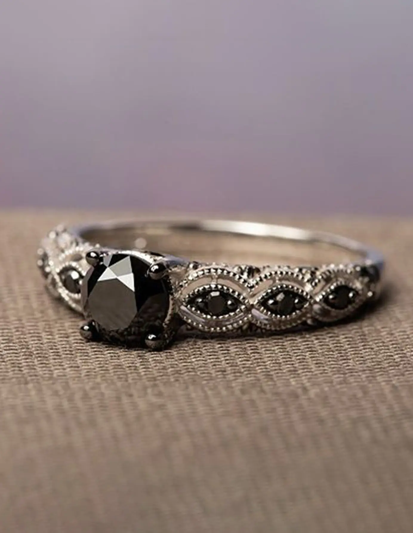 2 Ct Round Cut Black Diamond Milgrain Vintage Style Victorian Engagement Ring For Women 14K White Gold Plated Artistic Antique Edwardian Ring Handmade Anniversary Proposal Gift Ring
