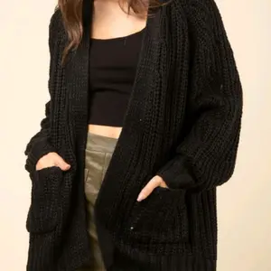 Black Textured Sleeve Oversized Knit Sweater Cardigan warm jacket