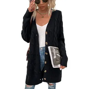 Cardigan Long Sleeve Cable Knit Sweater Open Front Loose Outwear with Pocket