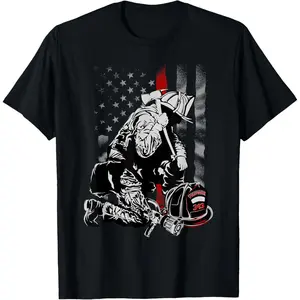 Cotton Graphic Tees Streetwear Gifts  Fireman American Flag Shirt Thin Red Line Firefighter USA T-Shirt