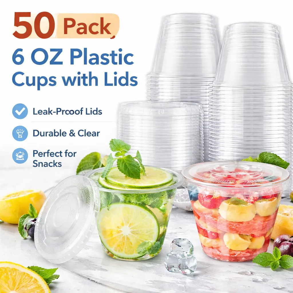 50 Pack 6 oz Plastic Cups with Flat Lids – No Hole, Leakproof, Clear Disposable Cups for Ice Cream, Fruit, Yogurt, Mousse – Great for Cafes, Parties, Catering