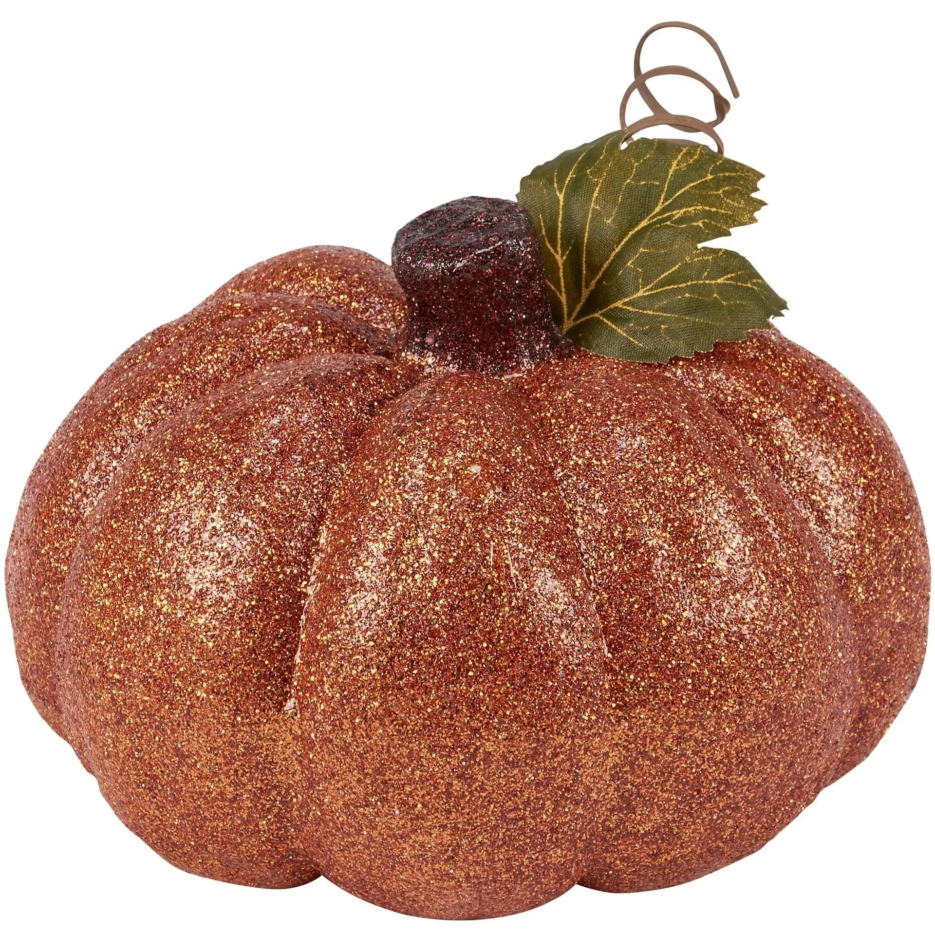 Primitives by Kathy Dark Orange Glitter Pumpkin Display 6" x 4" Seasonal Home Decor Faux Fruit with Glitter Stem & Greenery Accent Plastic Decorative Plant