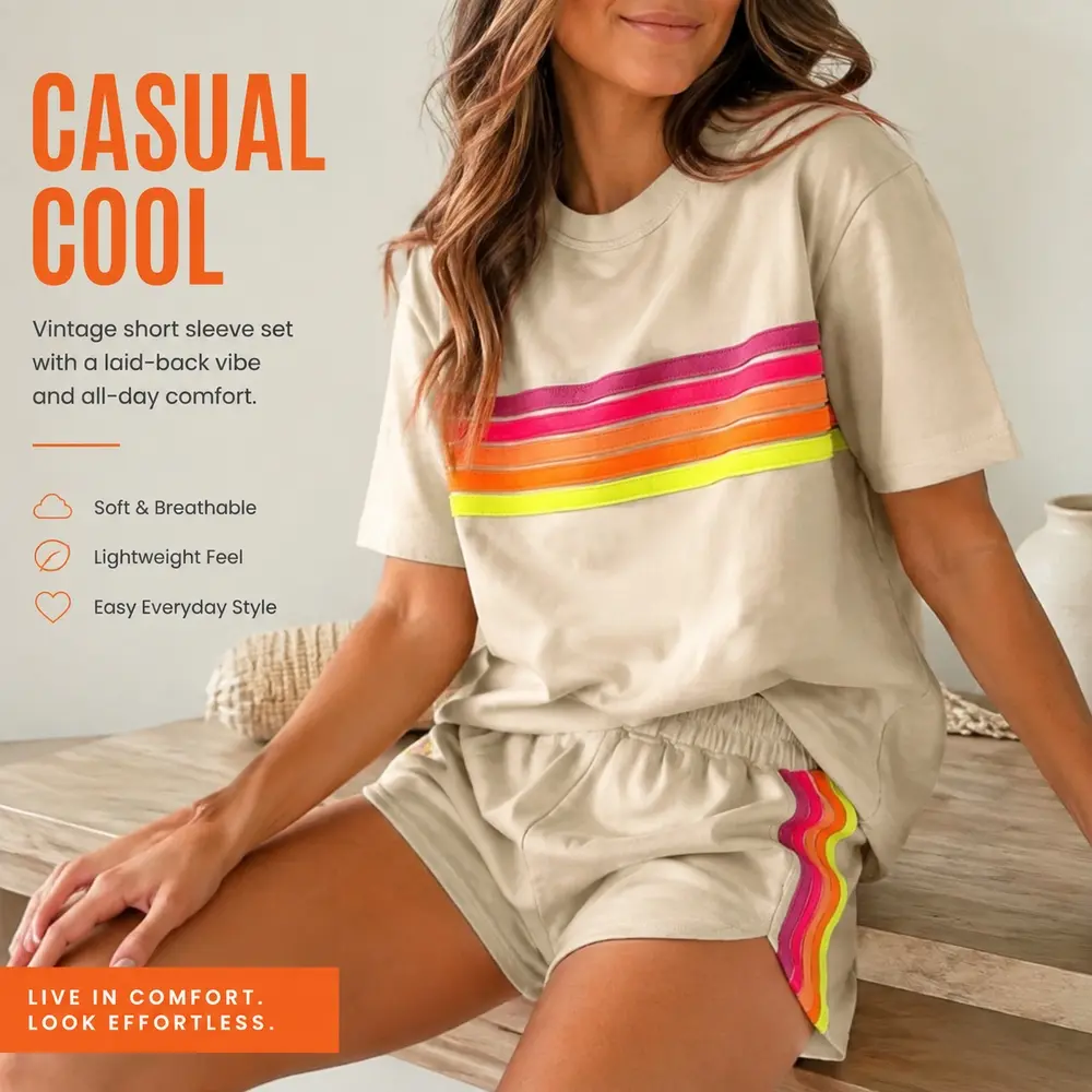 Glamping summer retro rainbow stripe 2 piece matching set for women vacation. Side split shorts feature two deep pockets. Breathable soft outdoor camping resort loungewear