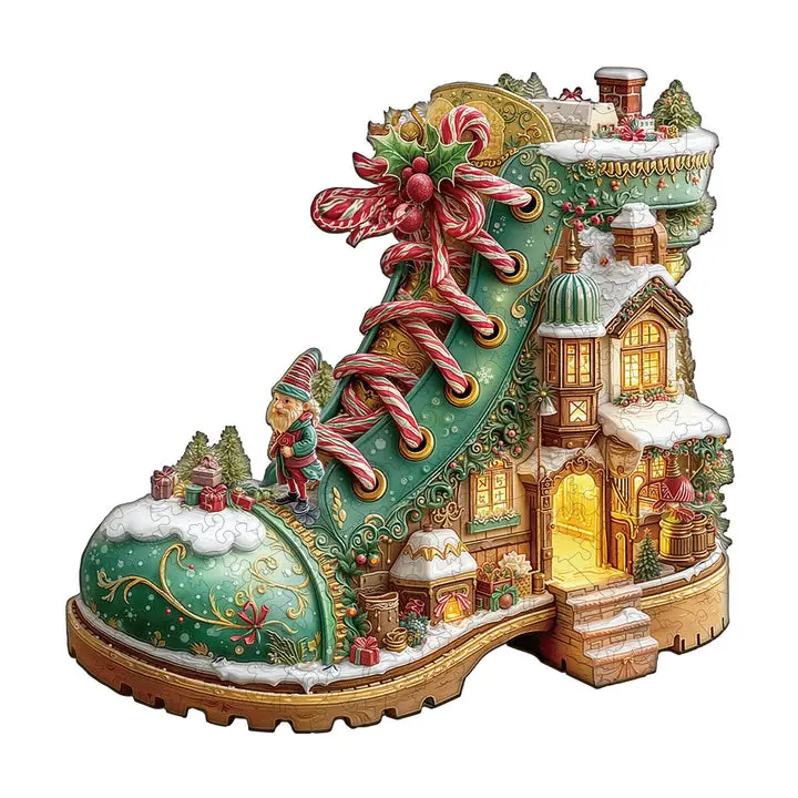 Christmas Snow Boot Hut Wooden Jigsaw Puzzle Toy, Mind Game for Memory Training and Observation, Romantic Gift for Puzzle Enthusiasts, Wooden Puzzles