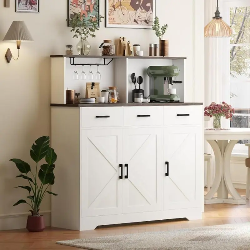 White Farmhouse Buffet Sideboard - Barn Door Storage Cabinet with Microwave Stand, Multiple Drawers for Kitchen, Dining Room