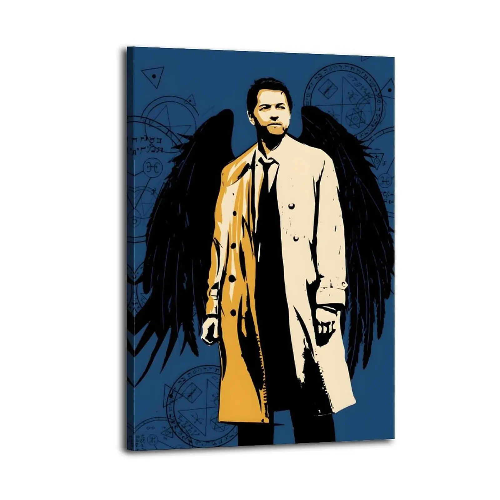 1pc Supernatural Castiel TV Show Poster - Iconic Angel Art with White Coat, Golden Accents, Black Wings, Series Logo - Pine Wood Wrapped Canvas Wall Decor for Bedroom, Office, Perfect Gift for Fans, Landscape