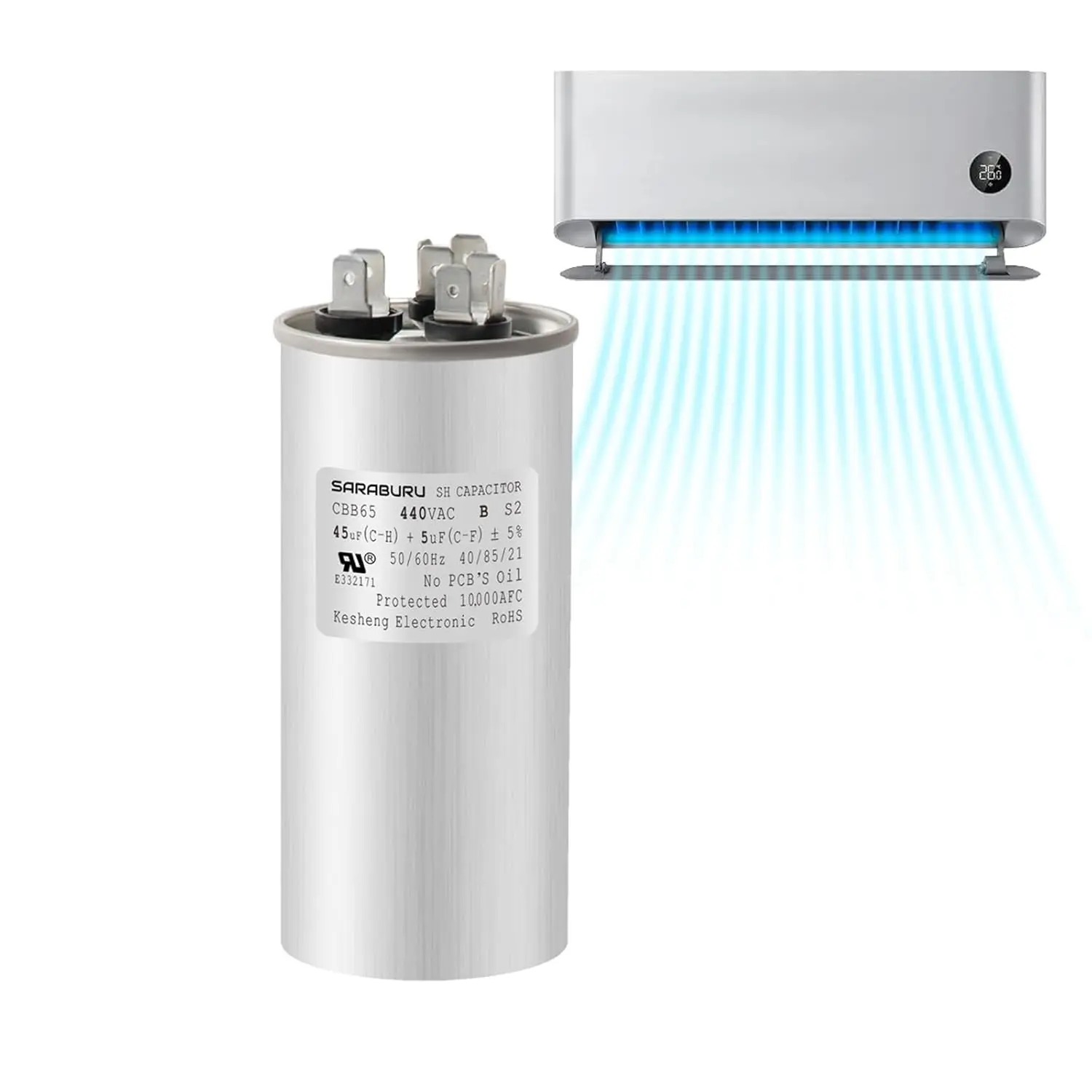 CBB65 Capacitor 45+5 µF ±5% 370V/440V for AC, 45/5 MFD Dual Run Start Round AC Capacitor for HVAC or Air Conditioner or Compressor Fan or Condenser Straight or Heat Pump