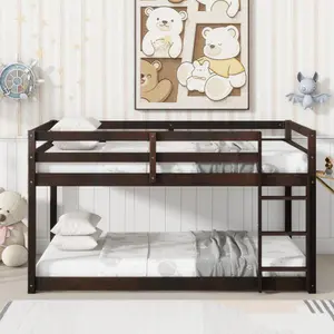 Solid Wood Twin Over Twin Floor Bunk Bed w Ladder, Safety Guard Rails, Wooden Twin Bunk Beds for Teens/Adults, Low Bed Frame Bedroom Furniture, No Spring Box Required,Espresso