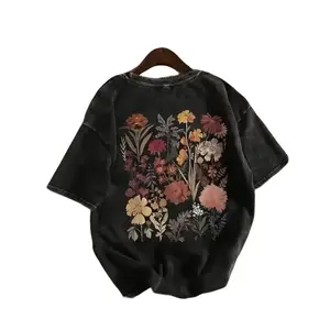 Women's Vintage Washed T-Shirt - Oversized, Multicolor Retro Floral Print on Black, Crew Neck Short-Sleeve, Machine Washable Spring/Summer Campus Streetwear