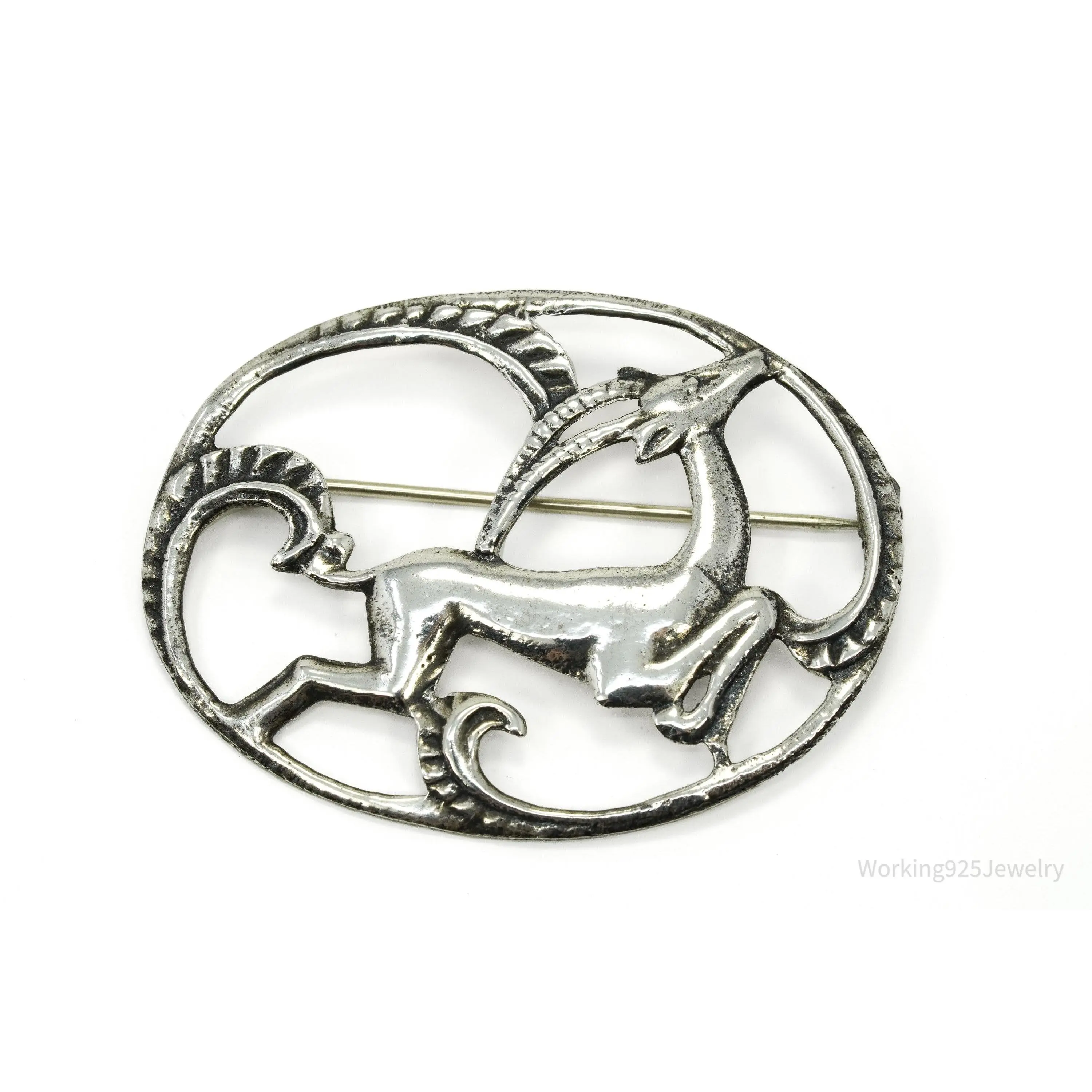 Large Antique Gazelle Sterling Silver Brooch Pin