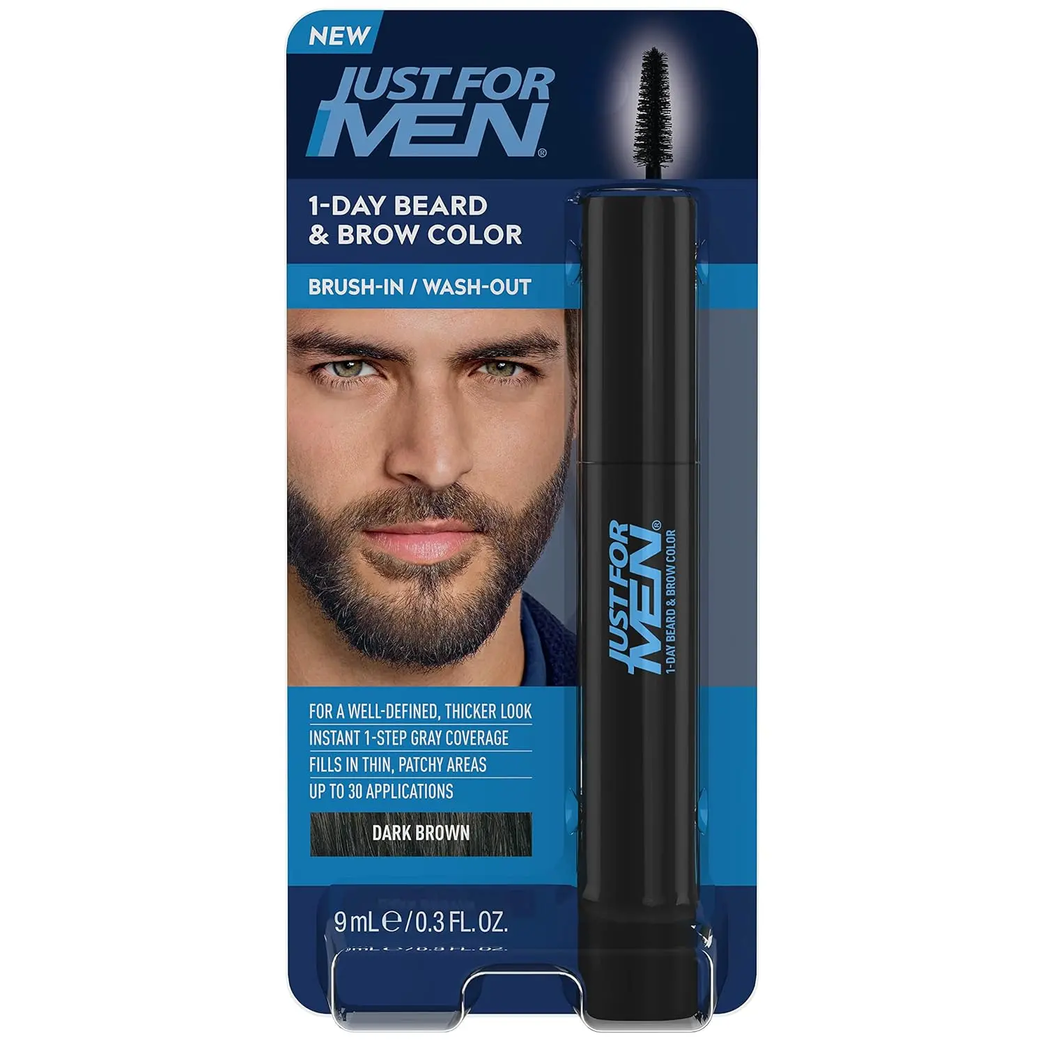 Just for Men 1-Day Beard & Brow Color Comb 1-Step Kit, Male Temporary Liquid Facial Hair Color (0.3 fl oz), Instant Gray Coverage for Thinning Hair, Fuller Well-Defined Look, Up to 30 Applications, Dark Brown, One-Step Kit