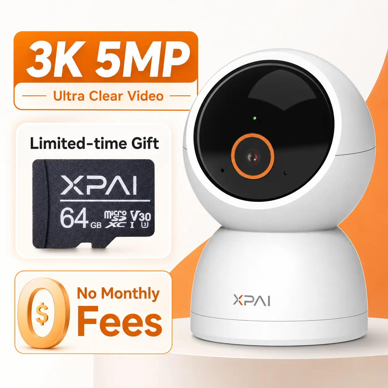 【Clearance Sale】XPAI H50P 5MP 3K Indoor Camera with 360-Degree Night Vision 5G Connectivity 2-Way Audio Free 64GB SD Card for Baby Pet Monitoring Security No Monthly Fee