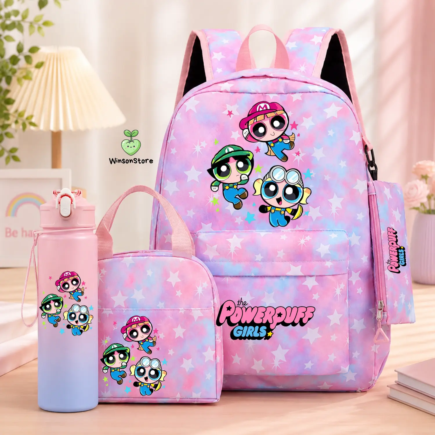 Powerpuff Girls 4-Piece Backpack Set – Mermaid Scale School Bag with Lunch Bag, Pencil Case and Water Bottle for Kids