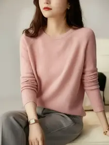 Women's Knitted Sweater Pullover, Round Neck Design, Pure Color Casual Top, Fall & Winter Essential, Versatile Daily Wear