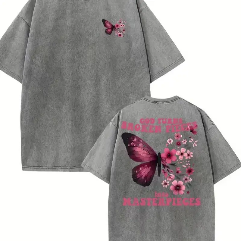Oversized Butterfly & Flowers Graphic T-Shirt for Women, Soft Washed Cotton Blend Fabric, Inspirational 'Masterpieces' Quote Back Print, Casual Boyfriend Fits, Butterflies, Breathable, Tshirt, Acid Wash