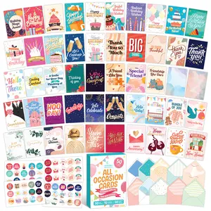 Decorably 50 Pack Gold Foiled & Glittery 5x7in All Occasion Cards Assortment Box with Envelopes & Stickers, 50 Unique Designs for Friends, Family and Loved Ones with Printed Message - Gifting, Mailing