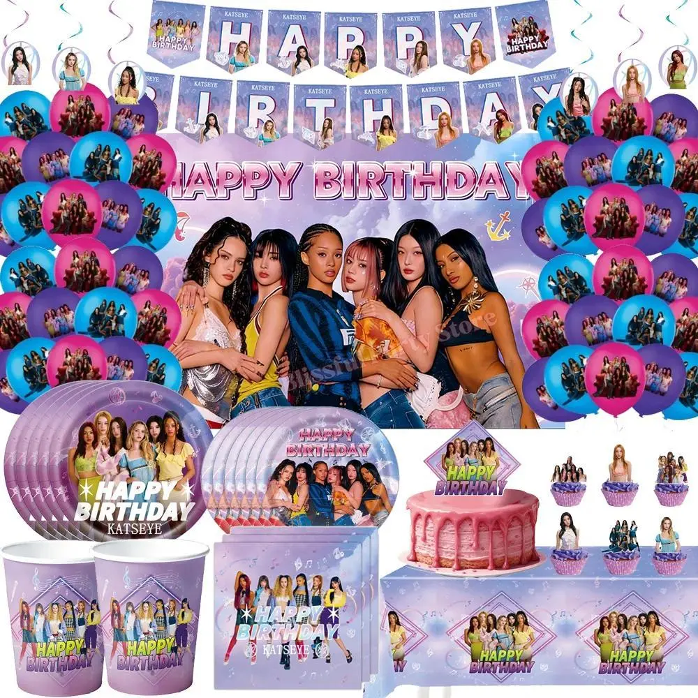 K-Katseye Birthday Party Decorations Kpop Girl Group Balloons Banner Plates Cup Tableware Set for Baby Shower Girls Favors Gifts