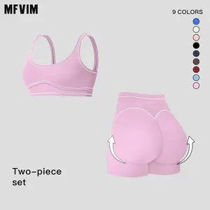 MFVIM women’s summer color-block striped athletic set featuring a thin-strap push-up bra and high-waisted shaping shorts, suitable for outdoor fitness training.