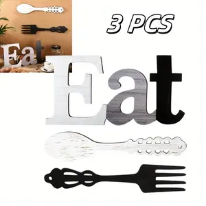 3Pcs Hanging Art Set - Eat Sign, Fork and Spoon Wall Decor for Kitchen and Home Decoration Room Wood
