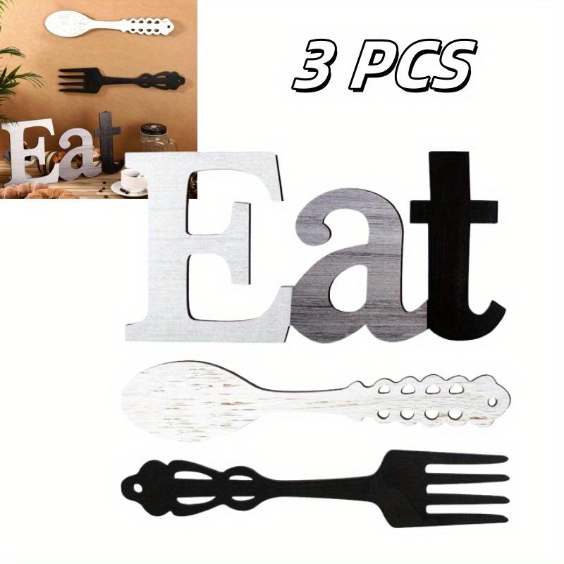 3Pcs Hanging Art Set - Eat Sign, Fork and Spoon Wall Decor for Kitchen and Home Decoration Room Wood
