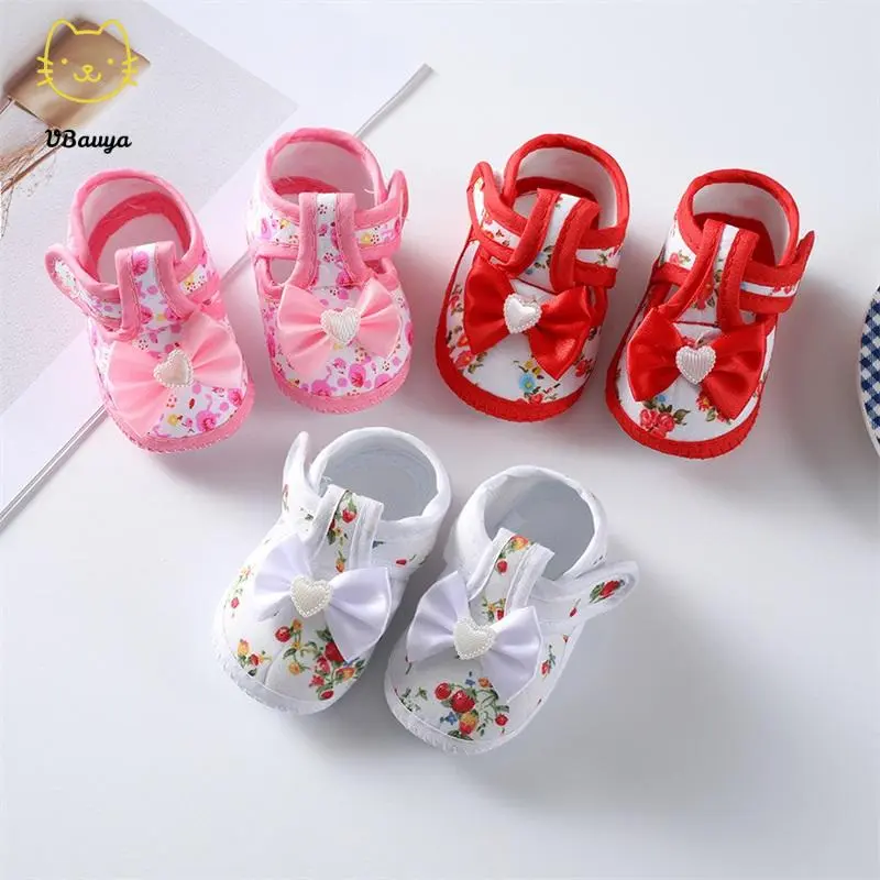 Baby Girls' White Cotton Blend Walking Shoes for 0-4/9-12 Months Toddlers, 1-Pair Pack, Soft Sole & Inner, Bowknot, Flower Print, Non-Slip, Warm, Indoor & Outdoor Use, Walking Shoes Babies, White Shoes