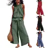 SCUSTY Women's Linen 2 Piece Outfits Sleeveless Ruffle Top Wide Leg Pants Summer Loungewear Beach Travel Sets Clothes Womenswear Suits Gamis