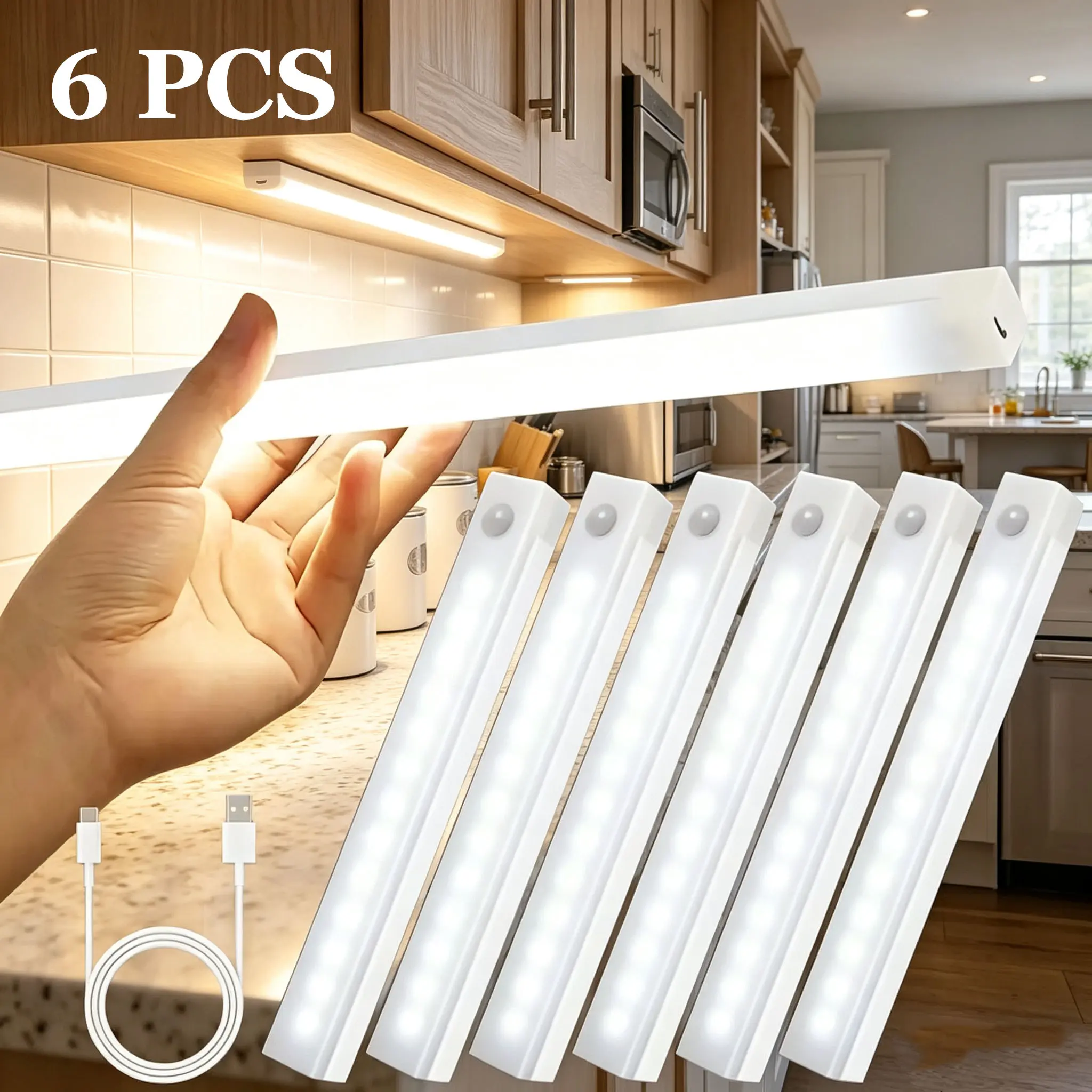 Under Cabinet Light, Wireless Move Sensor LED Light Bar, USB Rechargeable Magnetic Modern Night Lights for Corridor Kitchen Cabinet Stairs Hallway Wardrobe Home Room Decor
