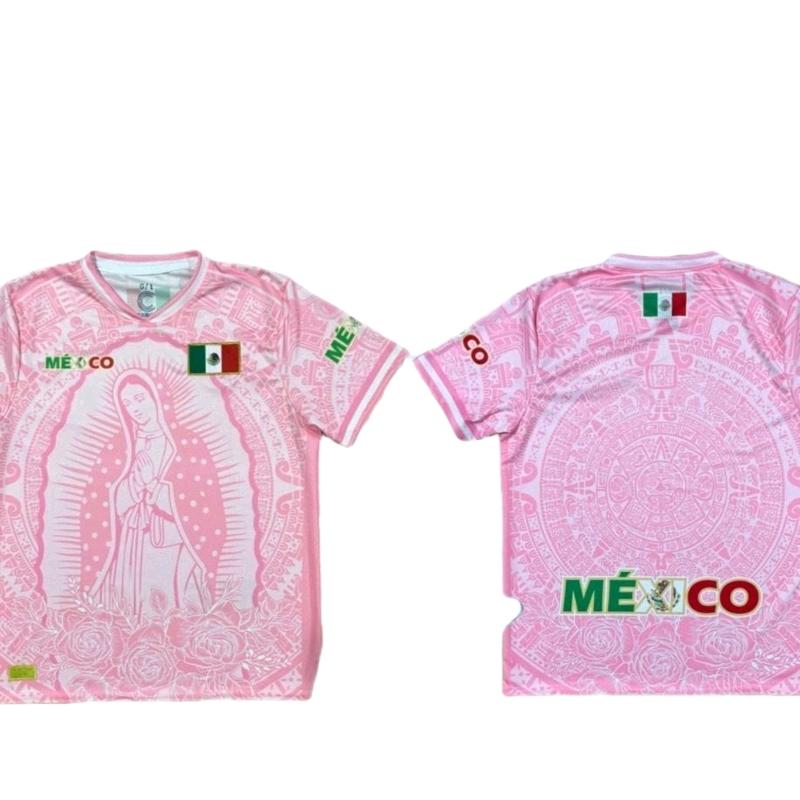 Virgen de Guadalupe Mexico Jersey Pink and Black Color with Green White and Red Trim and Mexican Flag Design