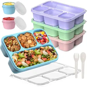 Snackle Box Container, 4-Compartment Bento Box for Kids Men Adults, 44Oz/1300ML Meal Prep Boxes Reusable with 2 Sauce Containers & Utensils, 4 Pack (Wheat)