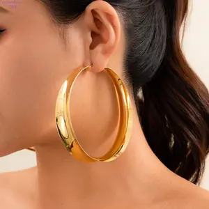 Unisex Gold Earrings - Stack-Compatible Studs, Exaggerated Metal Large Circle Geometric Hollow Glossy Design for European-American Cross-Border Fashion Accessory Use