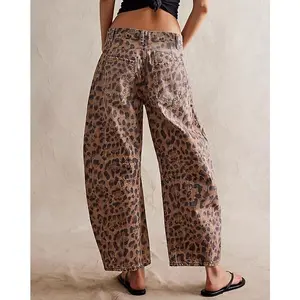 Women'sBaggyBarrelLooseMidLeopardPrintedWideLegDenimTubeVintageBottomFashionJeans