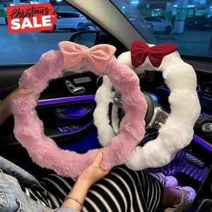 2026 NEW Plush Winter Car Steering Wheel Cover – Soft Polyester Interior Accessory with Cute Bowknot, Warm Non-Slip Fit for All-Season Comfort