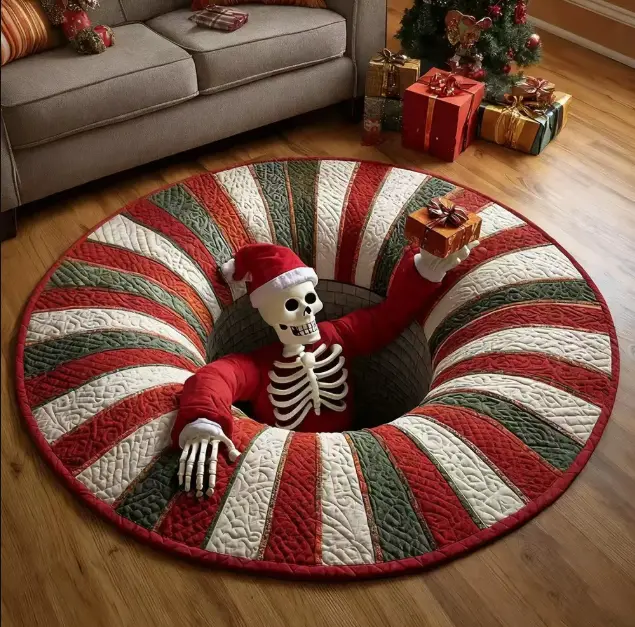 [Halloween] Oversized 3D Optical Illusion Round Rug, Spooky Skeleton Mummy Octopus Non-Slip Floor Mat, Creepy Horror Area Carpet, Dark Gothic Halloween Home Decor for Living Room Bedroom Party