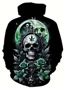 Men's Casual Graphic Print Hoodie with 3D Skull & Leaf Print, Fitted Design, Kangaroo Pocket, Streetwear Style, Perfect for Fall & Winter
