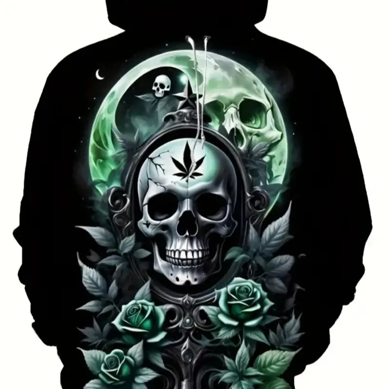 Men's Casual Graphic Print Hoodie with 3D Skull & Leaf Print, Fitted Design, Kangaroo Pocket, Streetwear Style, Perfect for Fall & Winter, Printed Hoodie