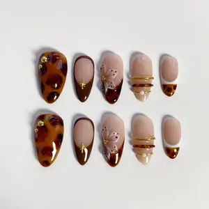 Brown leopard nails/press on nails long almonds/Elegant nails/3D flower nails/Brown French nails/Bangle nails/Tortoiseshell nails Birthday