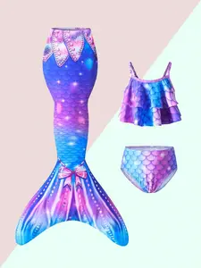 Tomattis Random Print Fish Scale Pattern Young Girl Swimsuit Set ,Kids Beachwear Summer Mermaid Outfit Swimming Suits For Girl Mermaid Tail Swimsuit