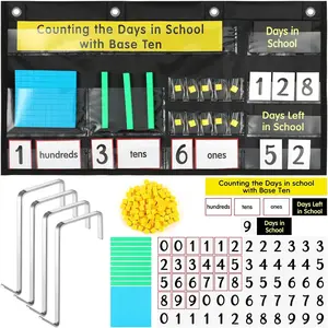 Back to School Counting the Days Base Ten Pocket Chart Place Value, Counting Caddie Pocket Chart for Classroom Bulletin Board School or Home Decor, with 4 Hooks, Black Classic Style