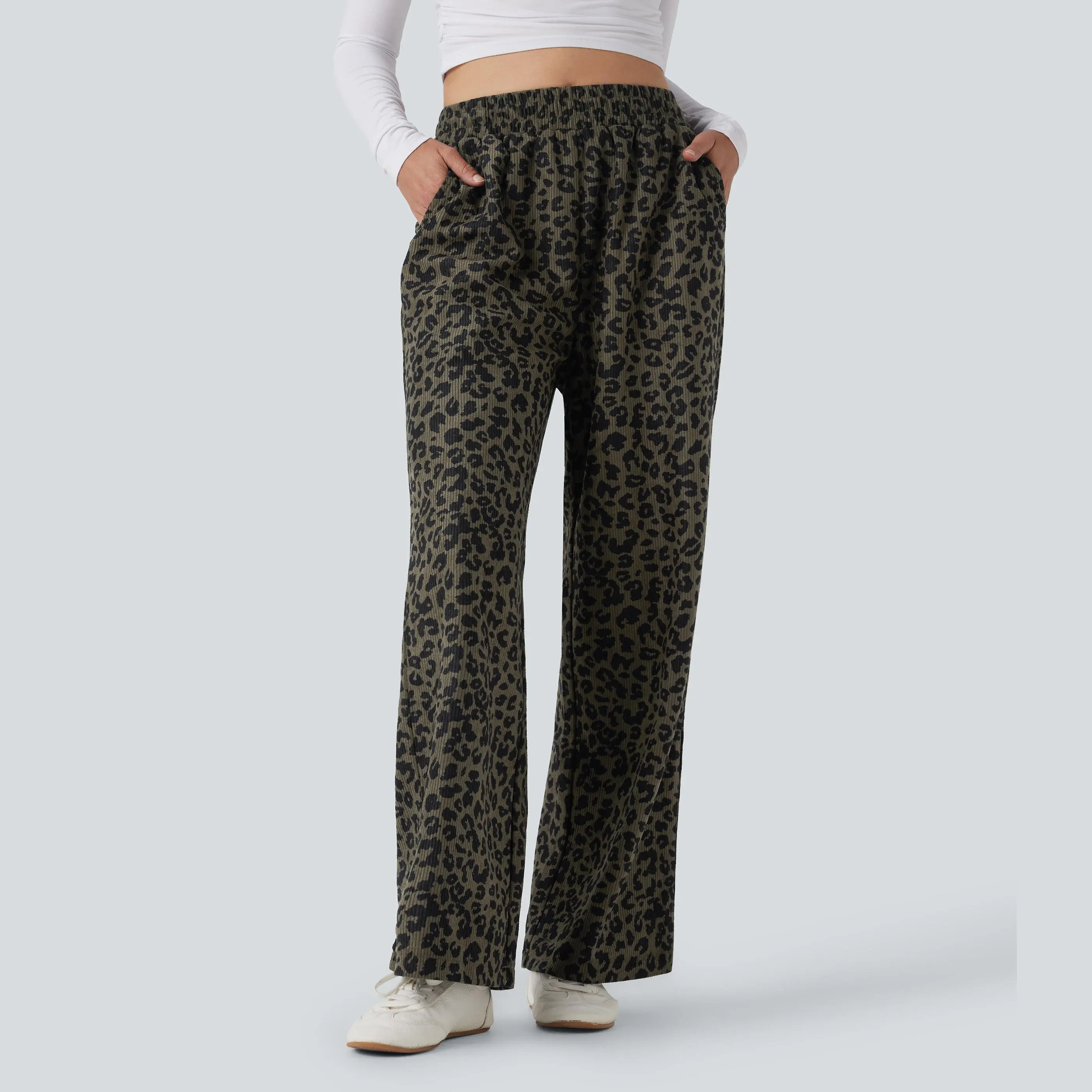 Halara High Waisted Leopard Print Corduroy Casual Baggy Pants with Pockets #BackToSchool