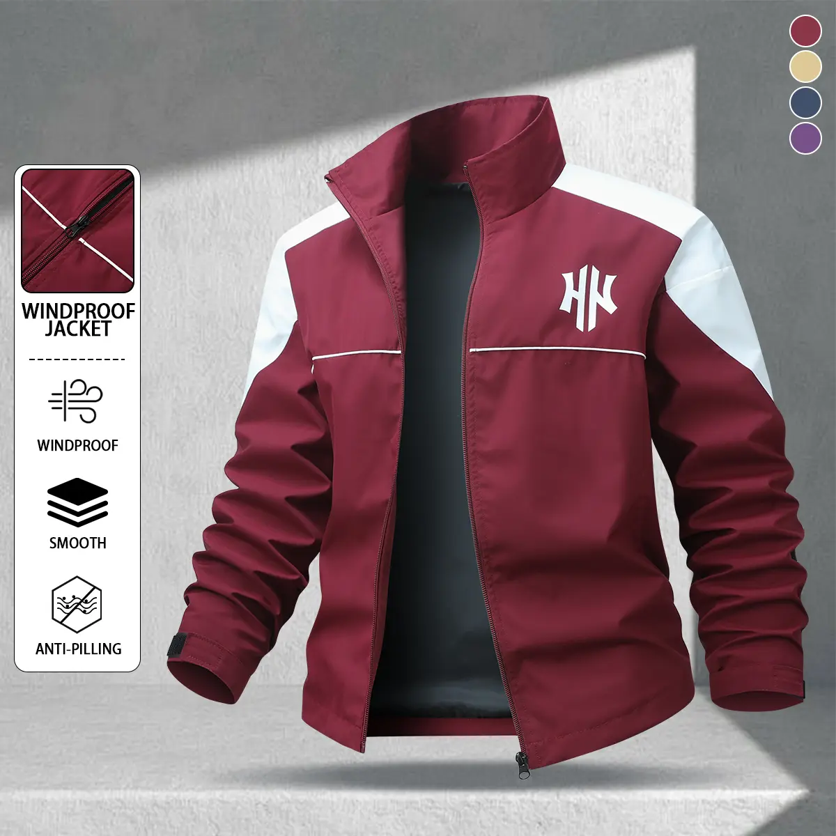 Men's American street-style purple and white color-block stand collar jacket | Trendy streetwear windbreaker with reflective stripes and a high-street functional design