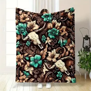 Vintage Floral & Bull Skull Pattern Blanket Soft Cozy Leisure Warm Bed Blanket for Couch & Bedroom, Flannel & Fleece Throw Blankets, Rustic, Colorful, Artistic, Ideal Gift for Home Decor Lovers & Western Art Fans, Birthday, Holiday